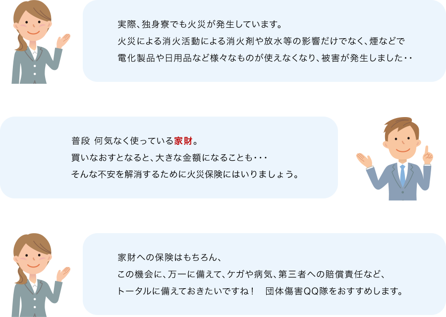 実際、独身寮でも火災が発生しています。火災による消火活動による消火剤や放水等の影響だけでなく、煙などで電化製品や日用品など様々なものが使えなくなり、被害が発生しました・・ 普段 何気なく使っている家財。買いなおすとなると、大きな金額になることも・・・そんな不安に火災保険に入りましょう。 家財への保険はもちろん、この機会に、万一に備えて、ケガや病気、第三者への賠償責任など、トータルに備えておきたいですね！　団体傷害QQ隊をおすすめします。