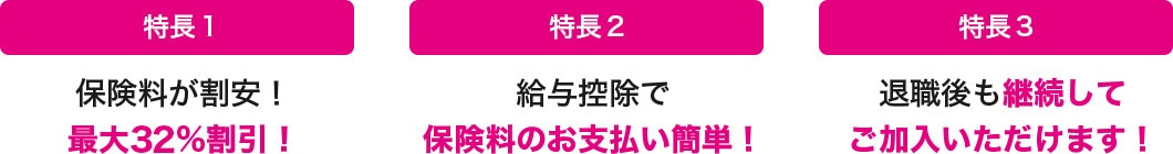 特長１ 保険料が割安！最大約32％割引！ 特長２ 給与控除で保険料のお支払い簡単！ 特長３ 退職後も継続してご加入いただけます！