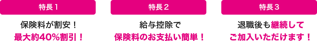 特長１ 保険料が割安！最大約40％割引！ 特長２ 給与控除で保険料のお支払い簡単！ 特長３ 退職後も継続してご加入いただけます！