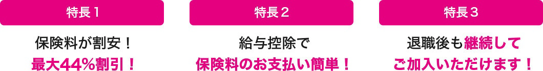 特長１ 保険料が割安！最大約32％割引！ 特長２ 給与控除で保険料のお支払い簡単！ 特長３ 退職後も継続してご加入いただけます！
